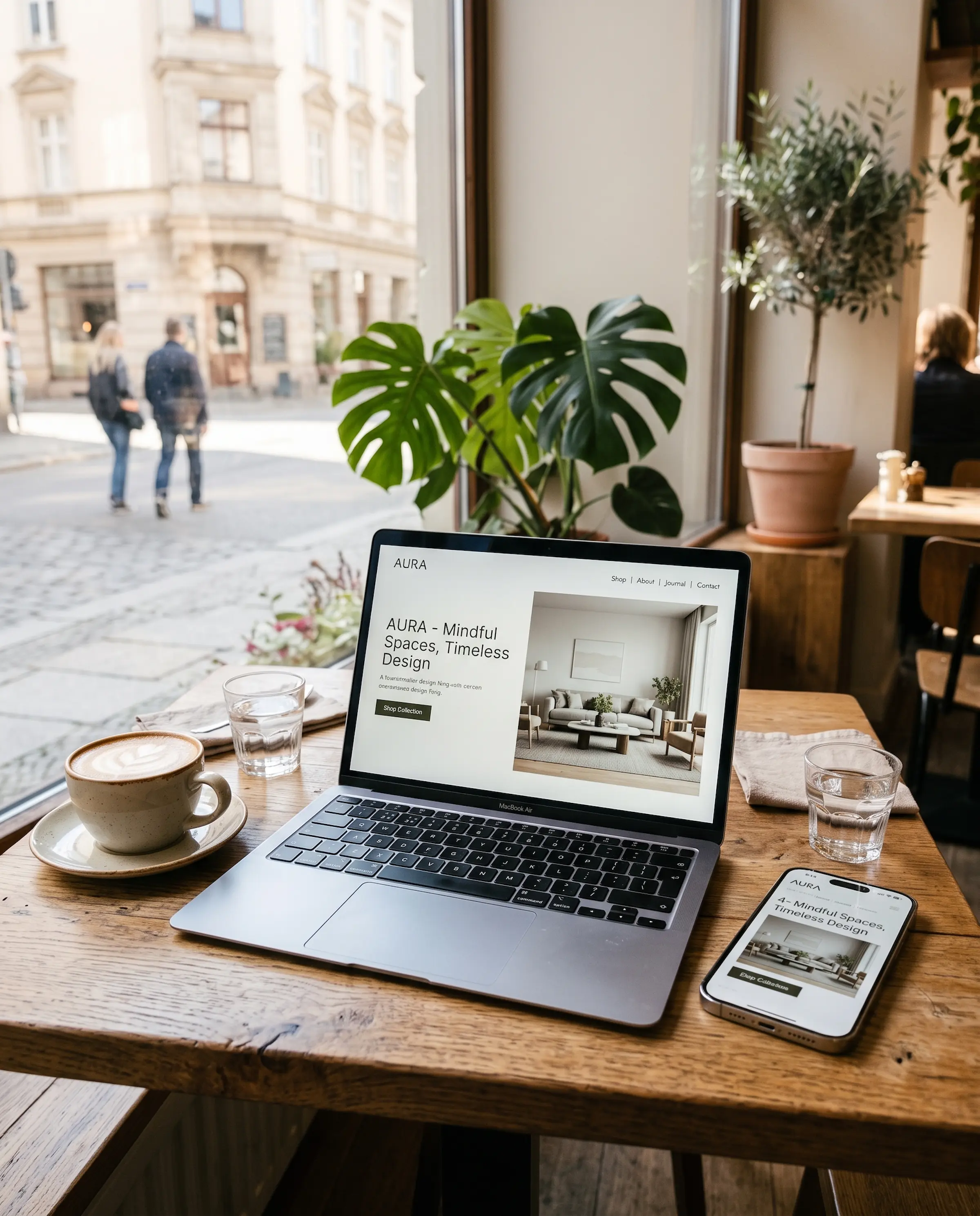 KI-Bild: Laptop und Smartphone mit derselben Website