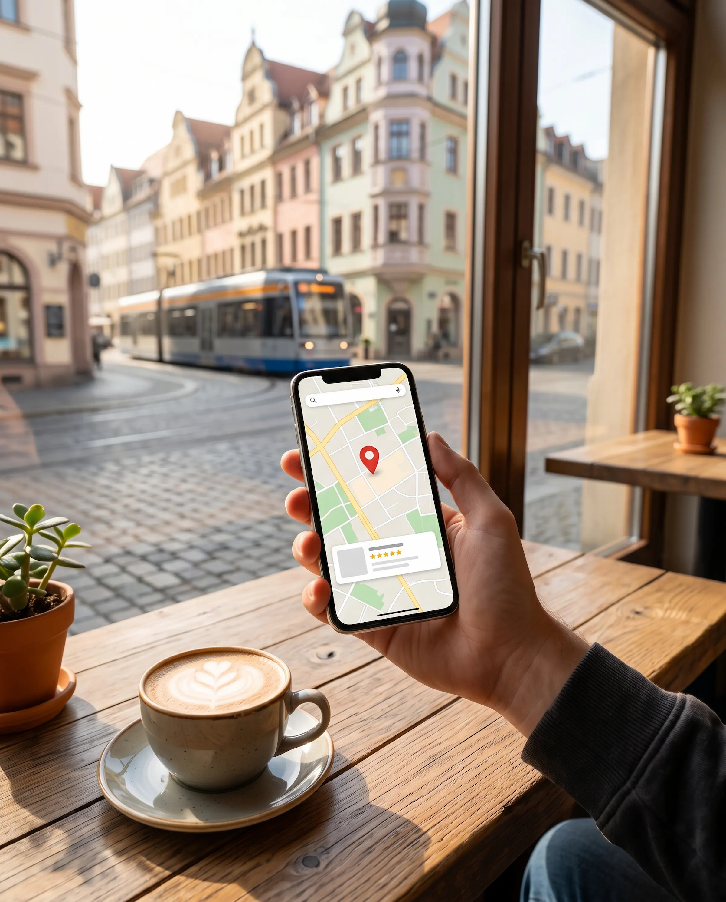 KI-Bild: Smartphone mit Karten-App und rotem Standort-Pin auf einem Cafétisch, draußen eine Altstadtstraße mit Straßenbahn