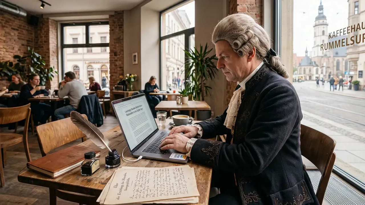 KI-Video: Als Lessing verkleideter Mann schreibt in einem Leipziger Café am Laptop, daneben Feder, Tintenfass und handgeschriebene Seiten