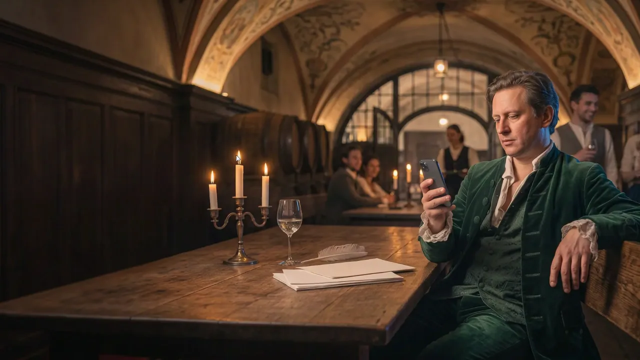 KI-Bild: Als Goethe verkleideter Mann scrollt in Auerbachs Keller auf dem Smartphone