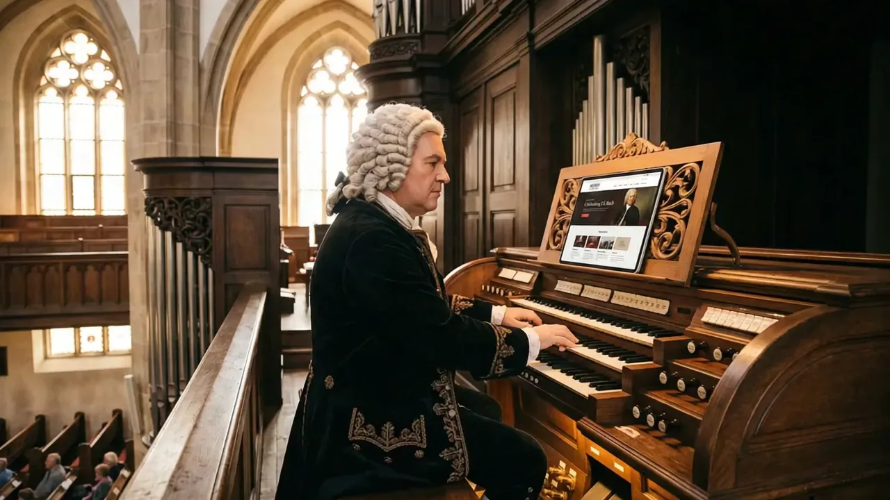 KI-Bild: Als Johann Sebastian Bach verkleideter Mann an der Orgel der Thomaskirche, auf dem Notenpult ein Tablet mit einer Website