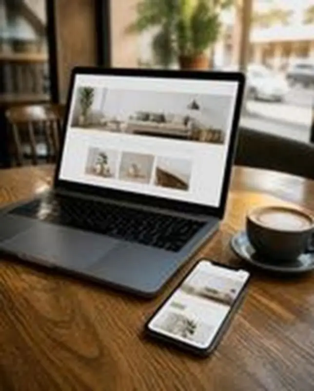 KI-Bild: Laptop und Smartphone mit derselben Website auf einem Cafétisch