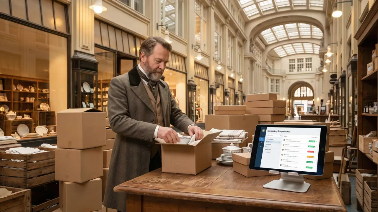 KI-Bild: Historisch gekleideter Leipziger Händler verpackt in der Mädlerpassage Bestellungen, daneben ein Tablet mit Onlineshop