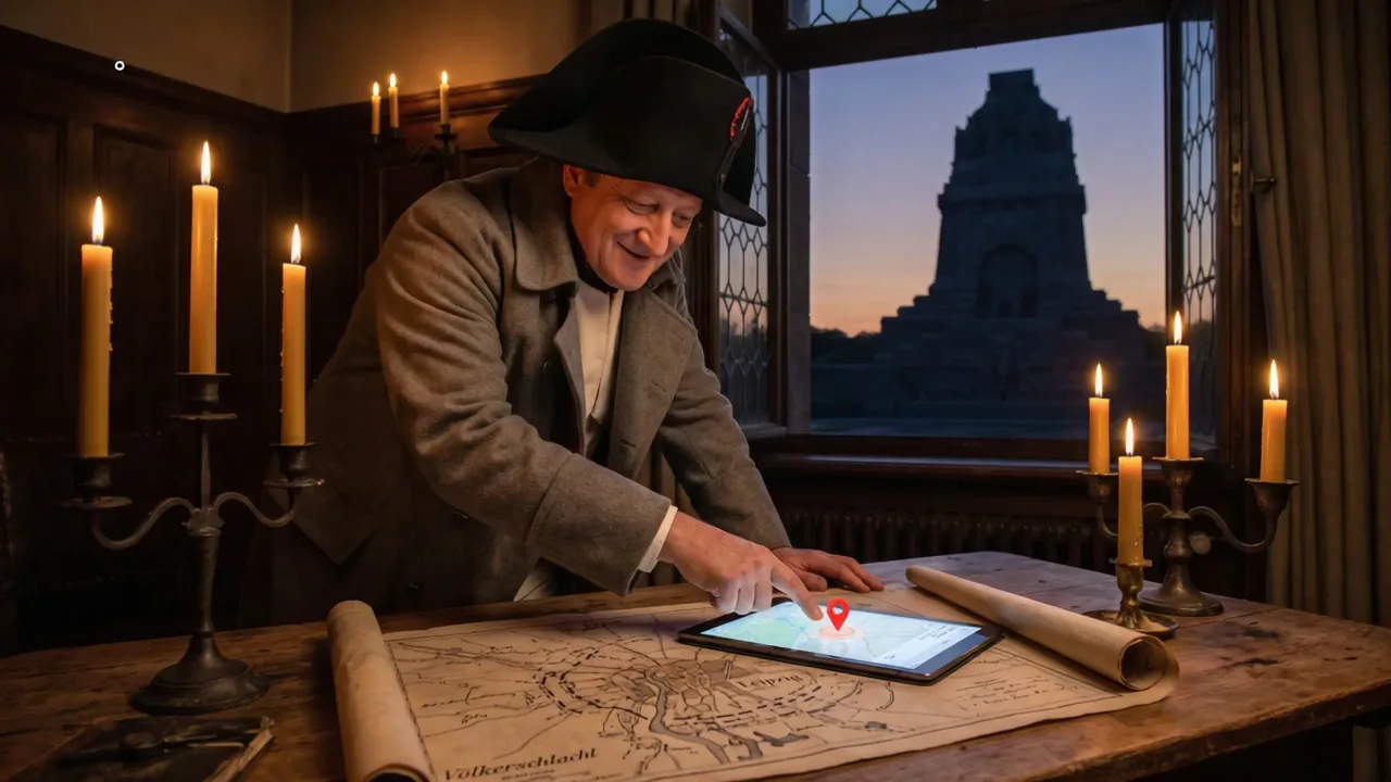 KI-Bild: Als Napoleon verkleideter Mann zeigt am Kartentisch auf einen digitalen Standort-Pin, durchs Fenster das Völkerschlachtdenkmal