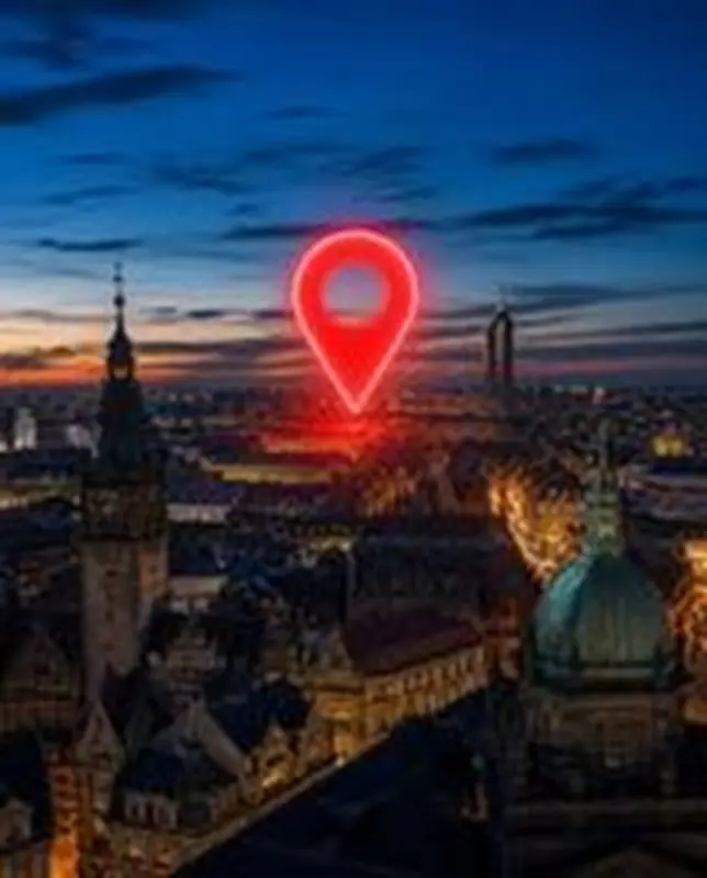 KI-Bild: leuchtende Kartennadel über den Dächern von Leipzig