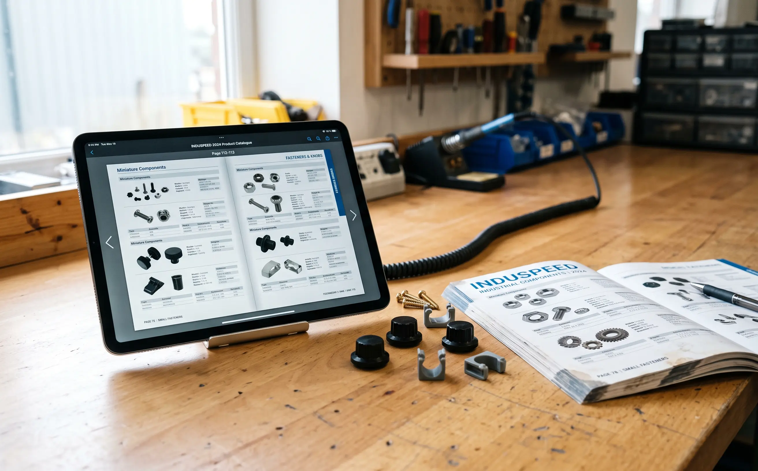KI-Bild: Tablet mit digitalem Blätterkatalog für Industriekomponenten auf einer Werkbank