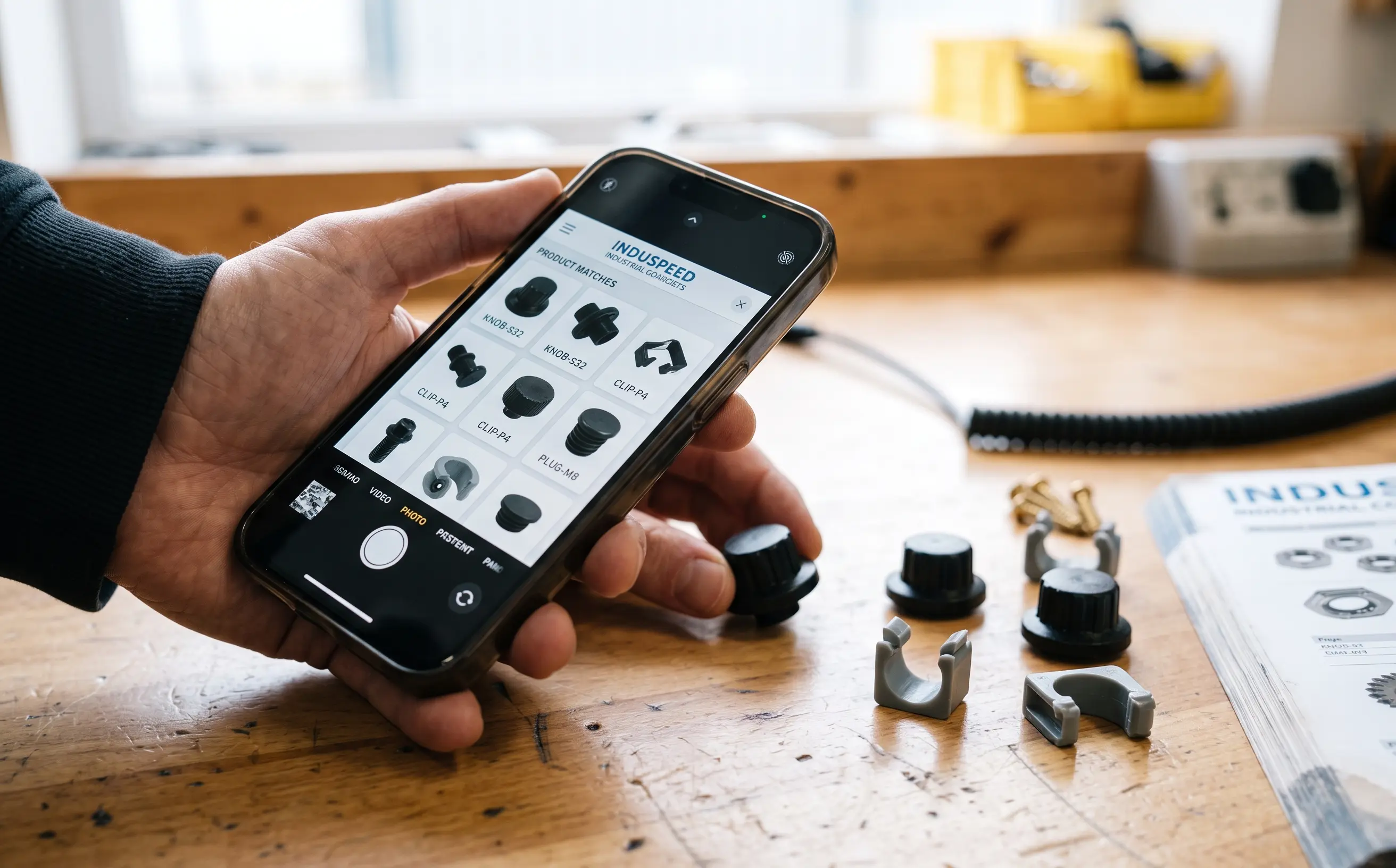 KI-Bild: Smartphone fotografiert ein Kleinteil, daneben passende Produkttreffer auf dem Bildschirm