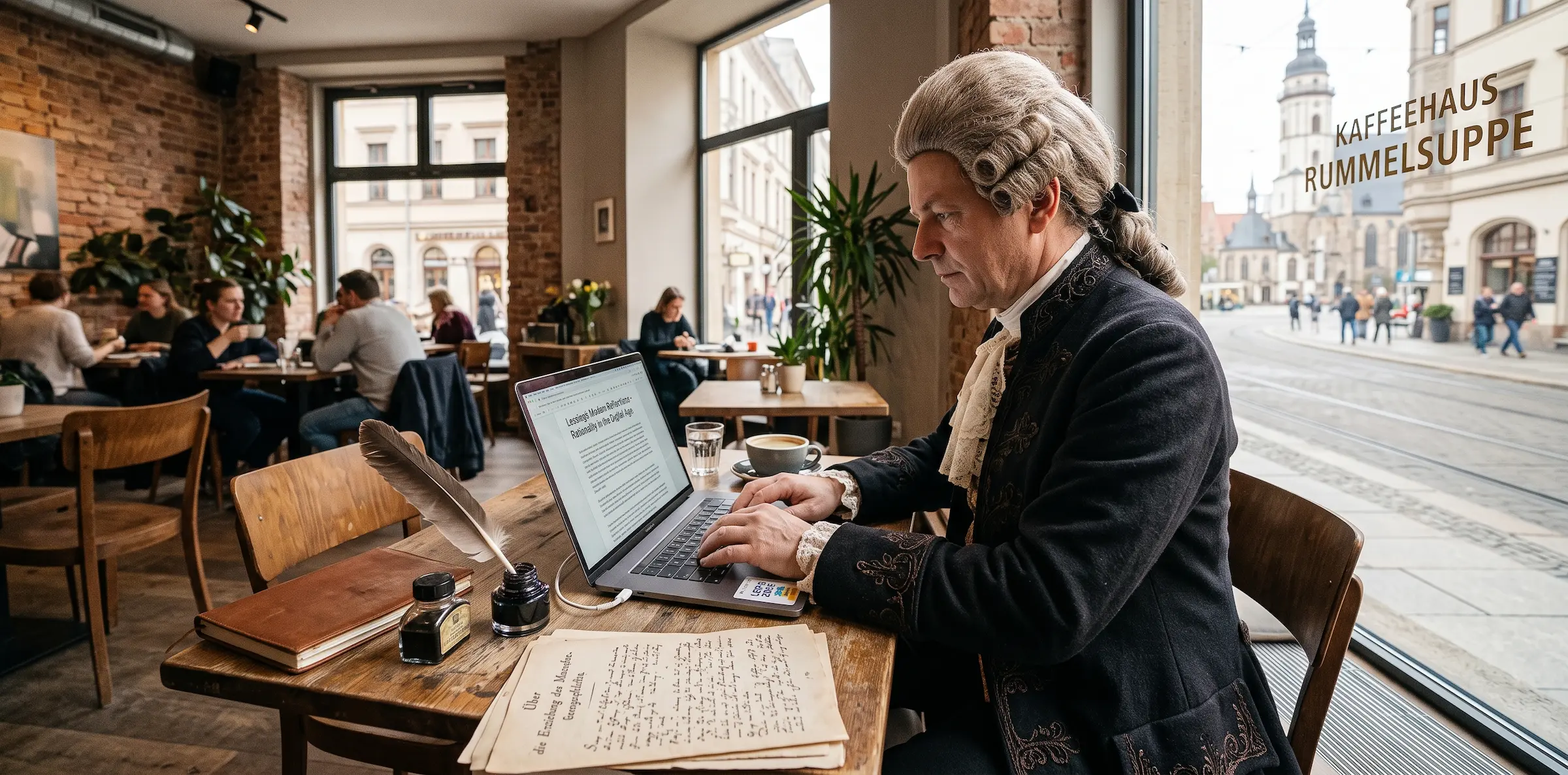 KI-Bild: Ein Mann als Lessing verkleidet schreibt in einem Leipziger Café auf dem Laptop, daneben Feder und handgeschriebene Seiten