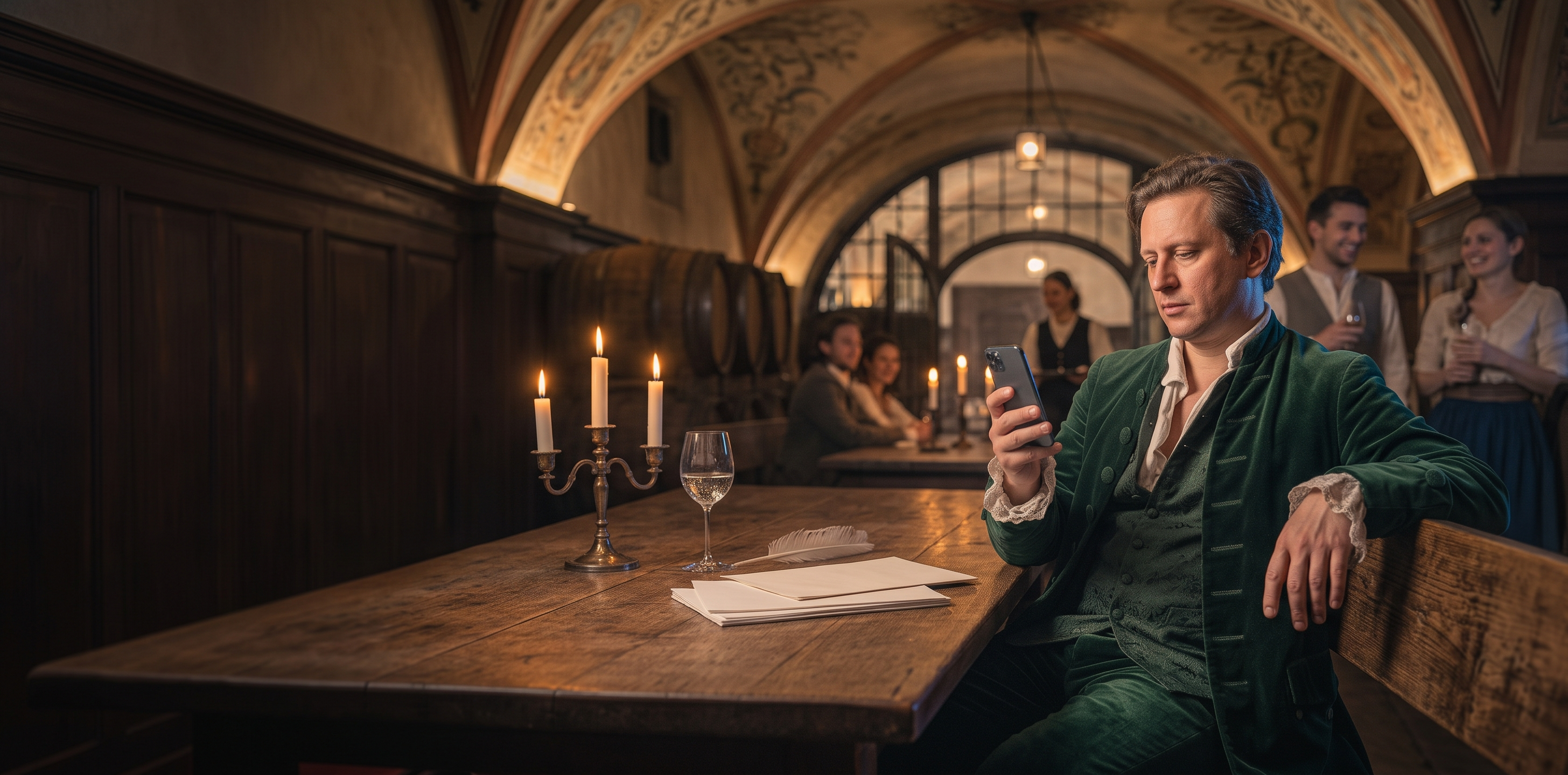 KI-Bild: Ein Mann als Goethe verkleidet scrollt in Auerbachs Keller gelangweilt auf seinem Smartphone